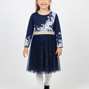 Girls' Navy Long-Sleeve Snowflake Tulle Dress with Gold Waistband Bin 2